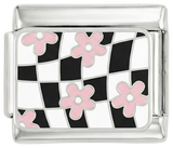 Black & White Checkers with Pink Flowers on Silver - black-white-checkers-with-pink-flowers-on-silver.png