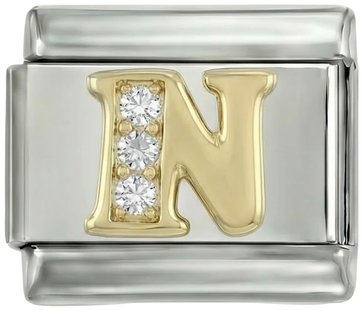 Letter N van goud met steentjes op zilver