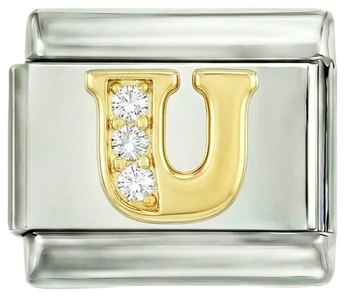 Letter U van goud met stenen, op zilver