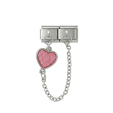 Roze hart, dubbel geschakelde Charms, in zilver