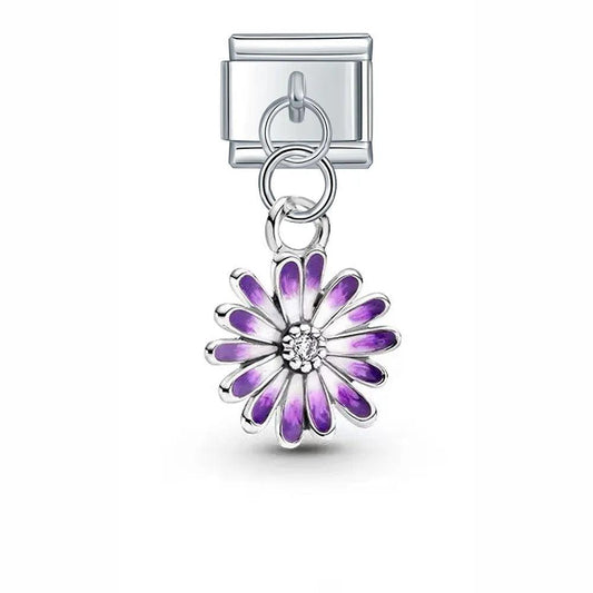 Purple Daisy with Stone, on Silver - Charms Official